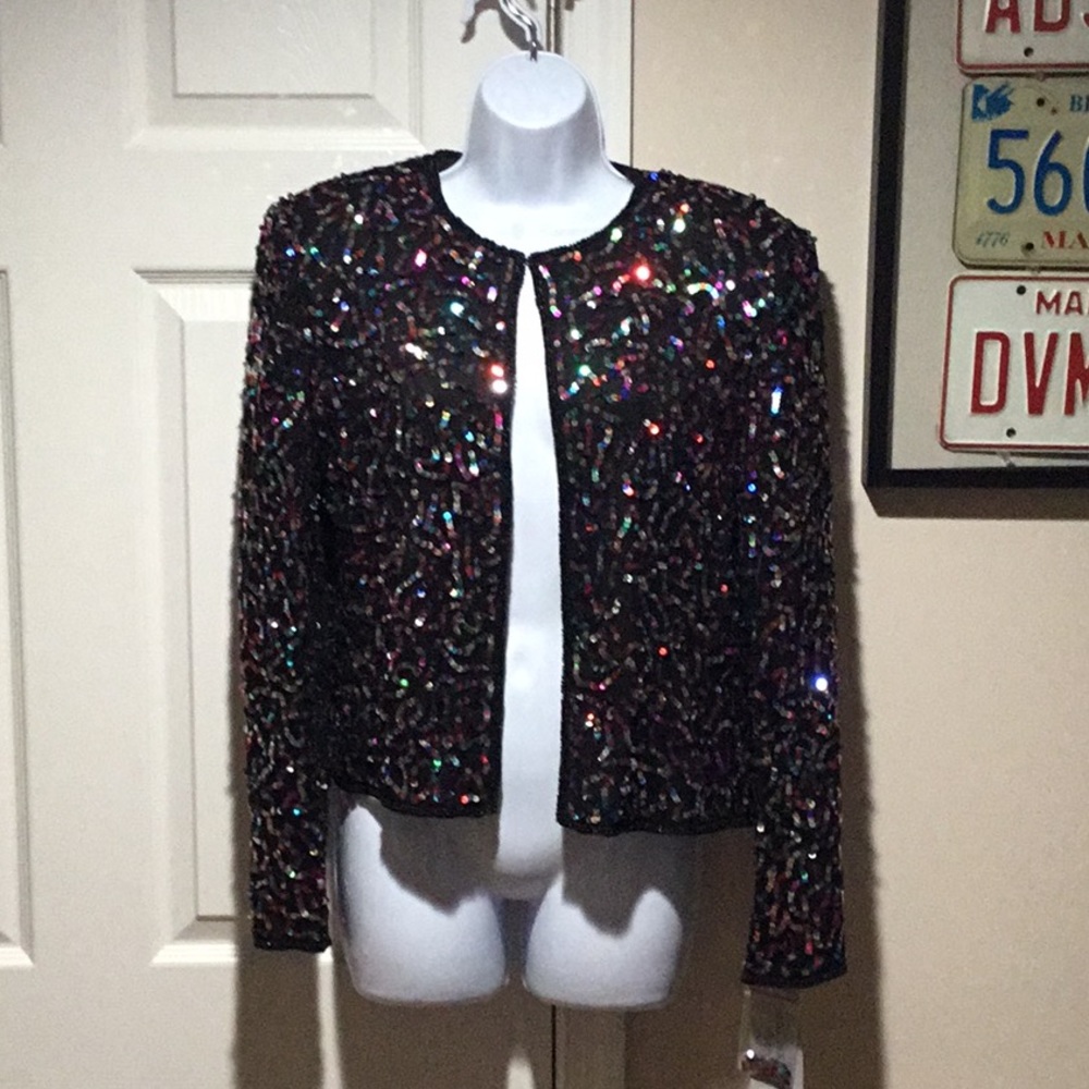 Papell Boutique Black Silk Multicolor Sequined Jacket - Size M